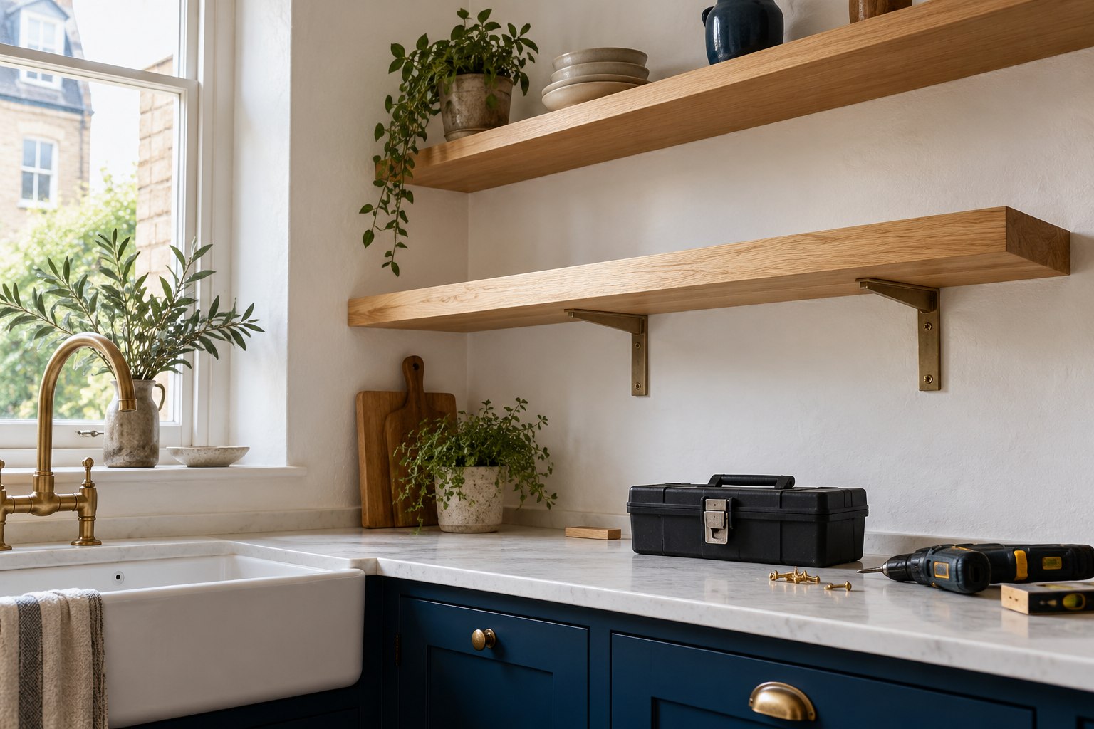 Oak shelves, a toolbox and carefully arranged fittings in a light-filled kitchen